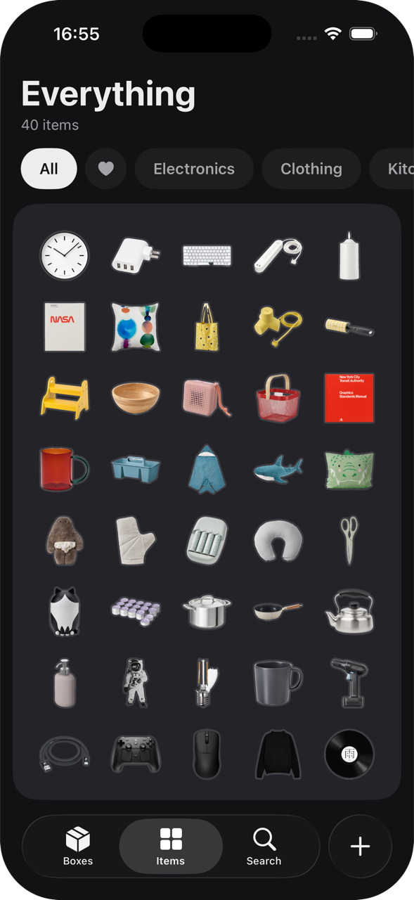 Everything in one grid: forty cutouts, filtered by category