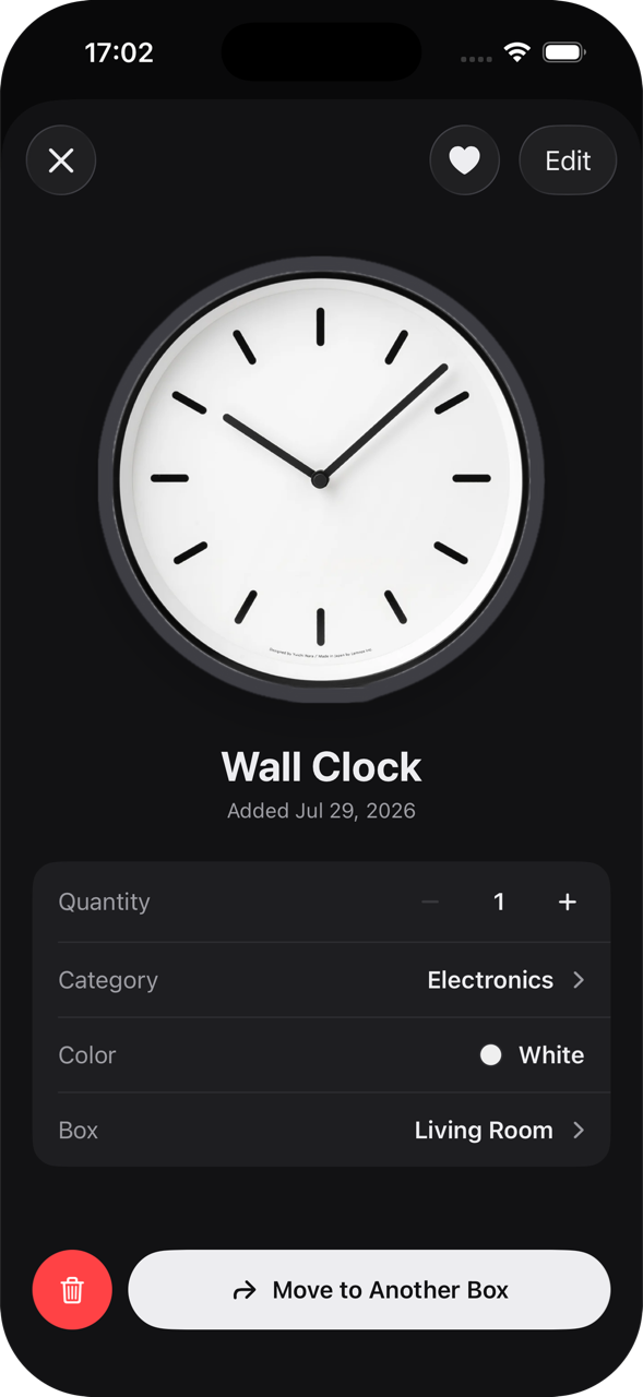 One item: a wall clock, with its category, colour and box