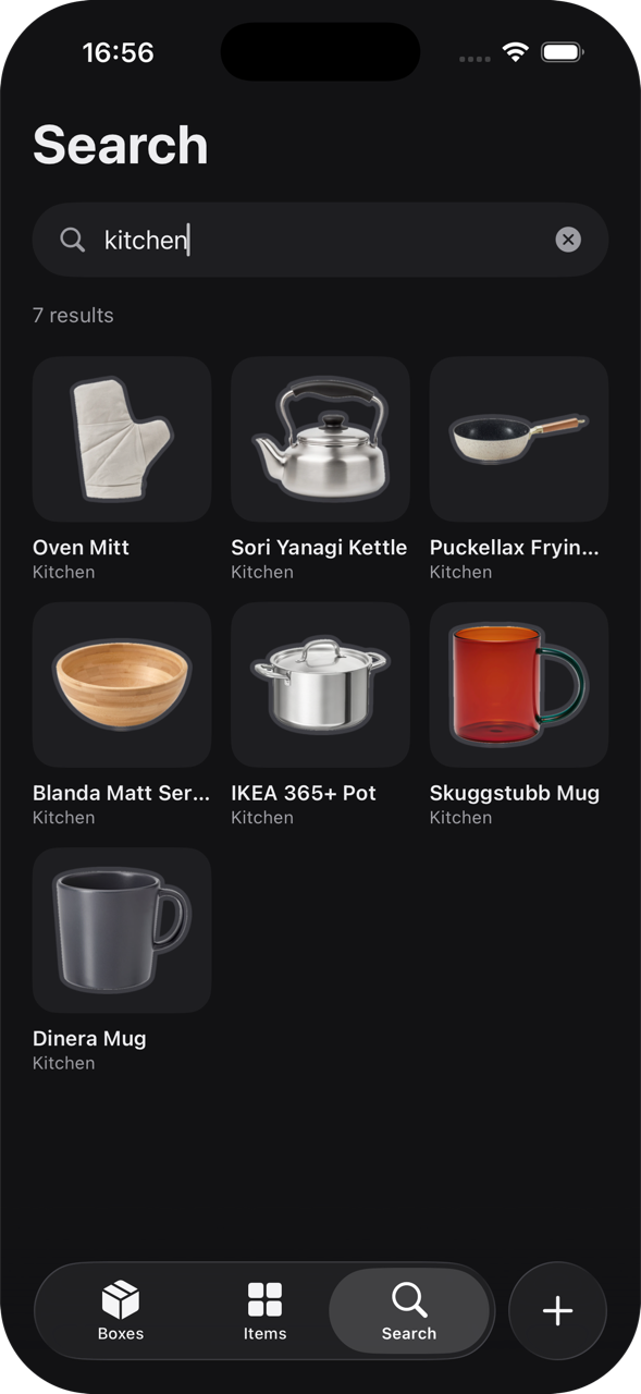 A search for kitchen, turning up seven things