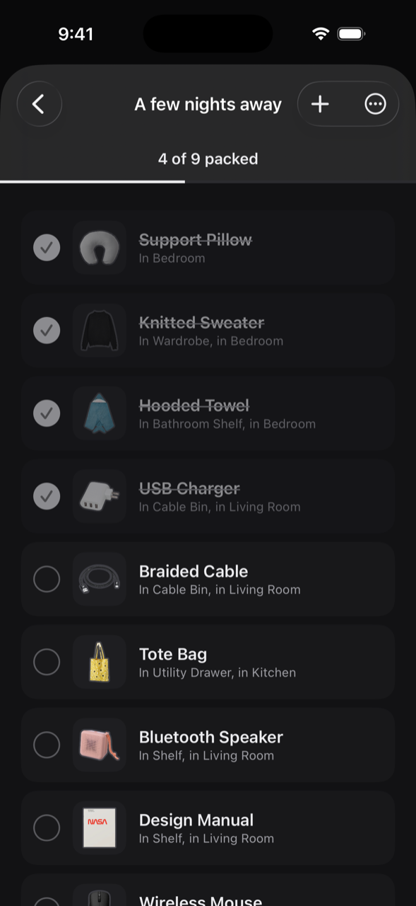 A packing list written out of things already owned, four of nine packed, each line naming its box and room