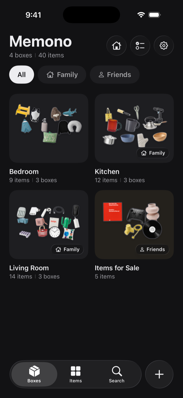 A shared home: four boxes, two of them open to family and one to a friend