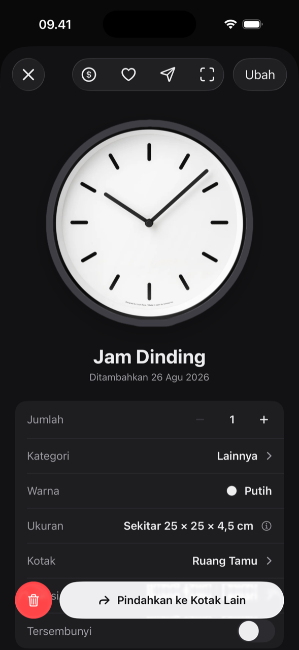 Satu barang: sebuah jam dinding, dengan kategori, warna, ukuran, dan kotaknya
