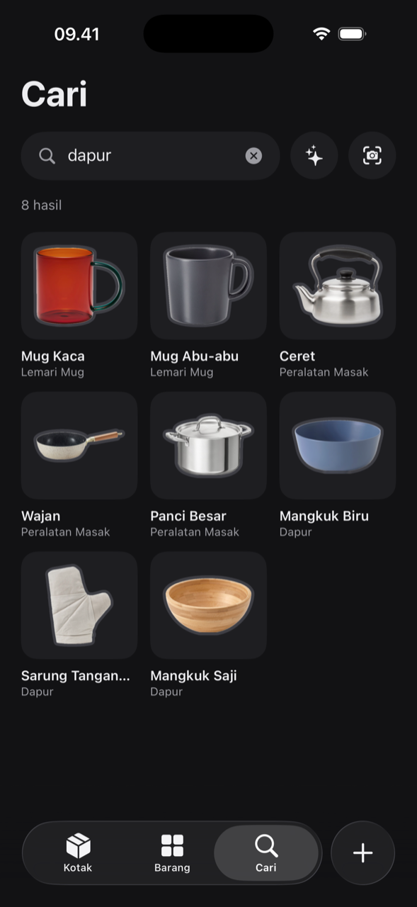Pencarian untuk dapur, memunculkan delapan benda