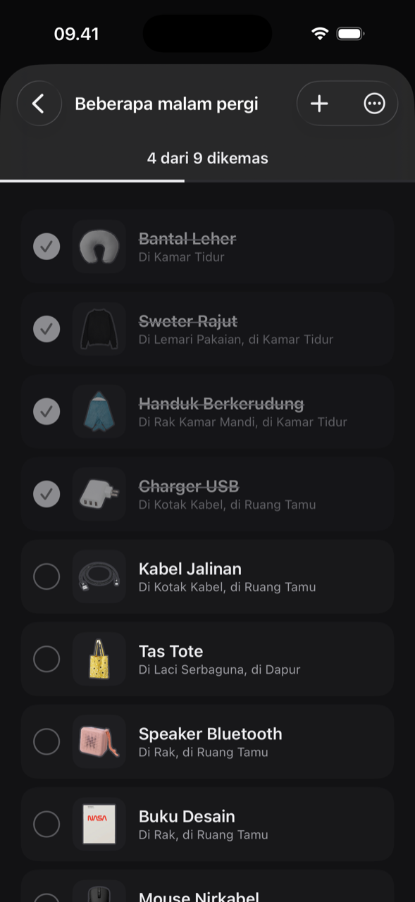 Daftar berkemas yang disusun dari barang yang sudah dimiliki, empat dari sembilan sudah dikemas, tiap baris menyebut kotak dan ruangannya